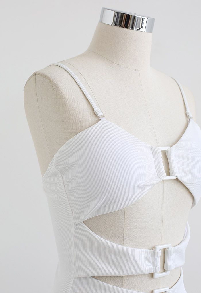 White Buckle Cutout Ribbed Swimsuit