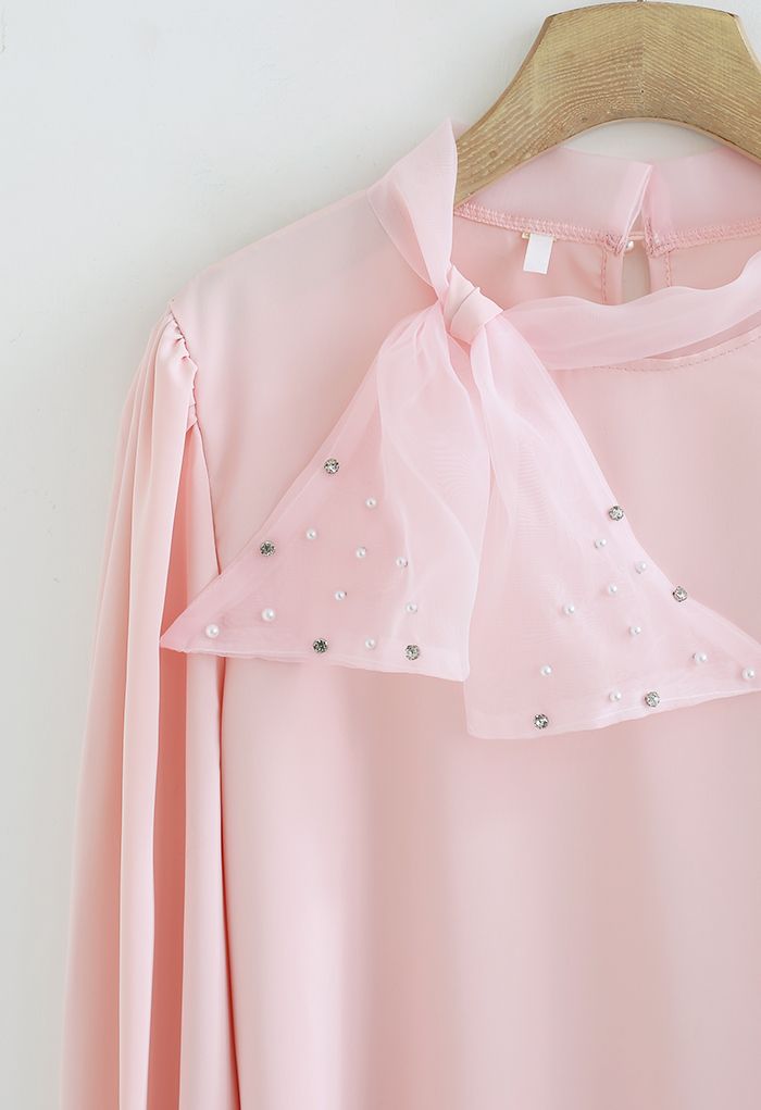 Pearly Mesh Bowknot Satin Shirt in Pink