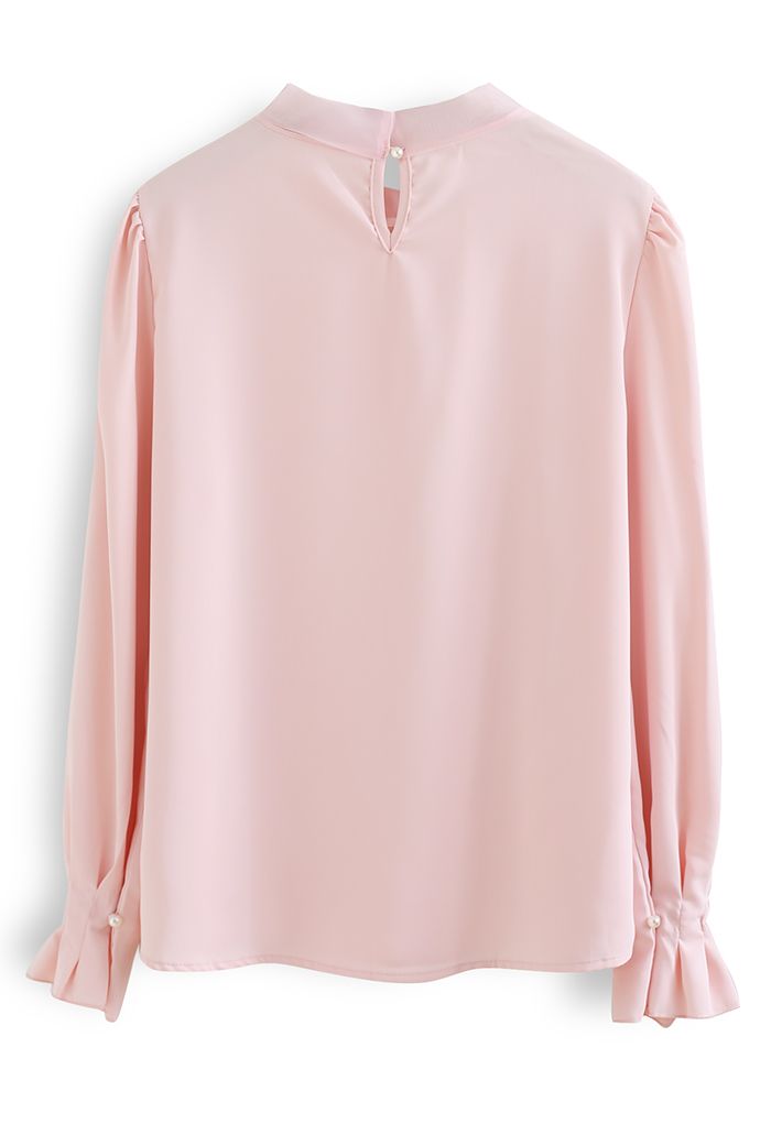 Pearly Mesh Bowknot Satin Shirt in Pink