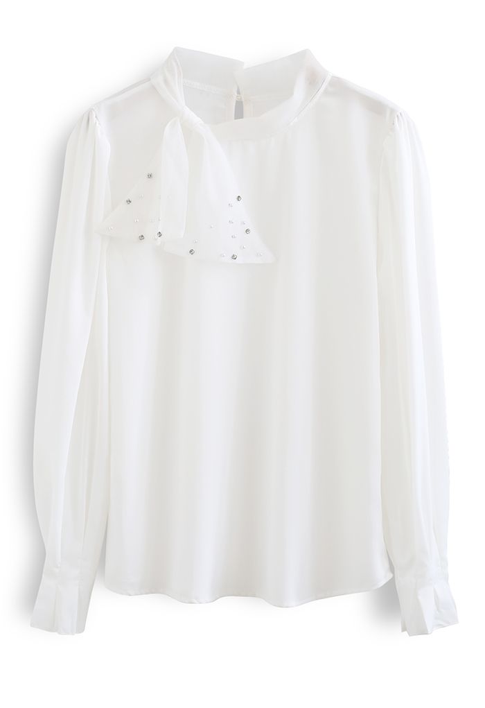 Pearly Mesh Bowknot Satin Shirt in White