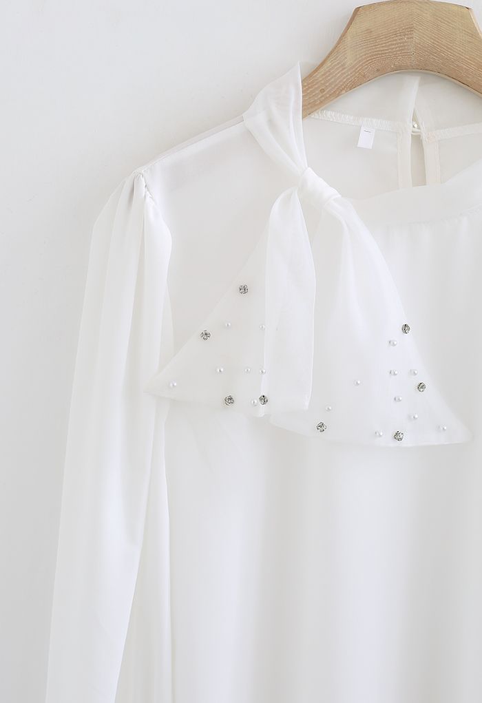 Pearly Mesh Bowknot Satin Shirt in White