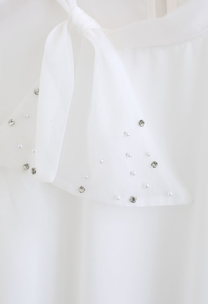 Pearly Mesh Bowknot Satin Shirt in White