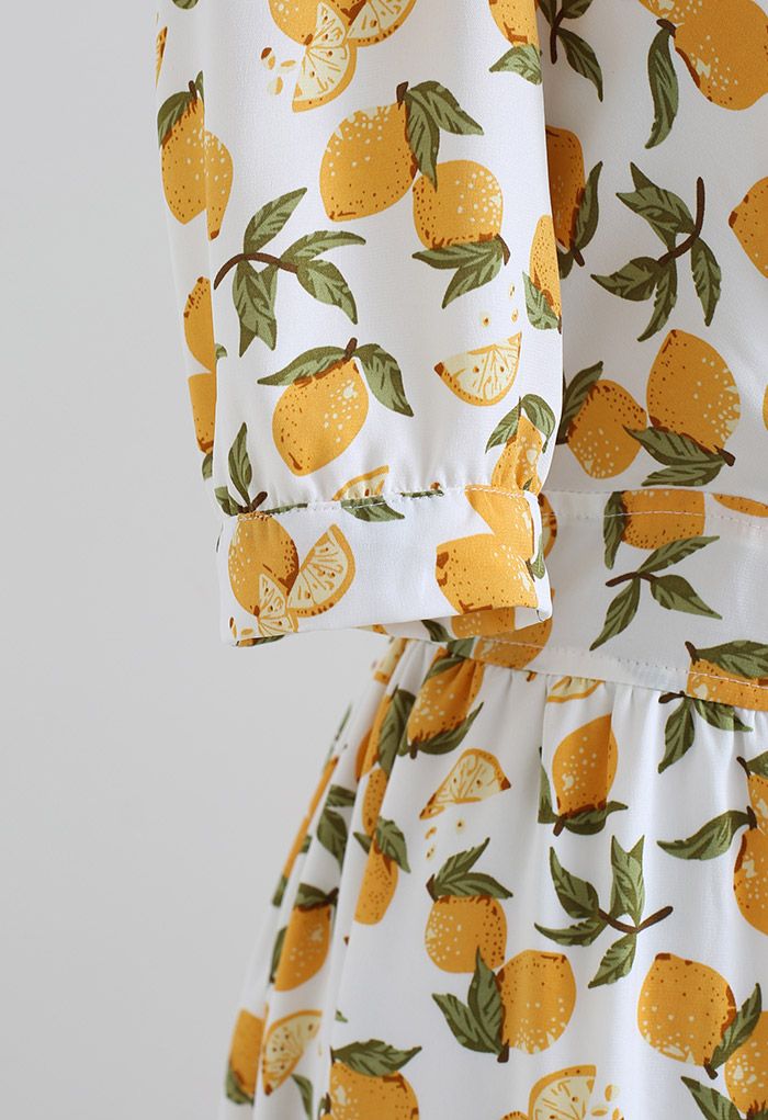 Summer Lemon Print Frilling Wrapped Dress