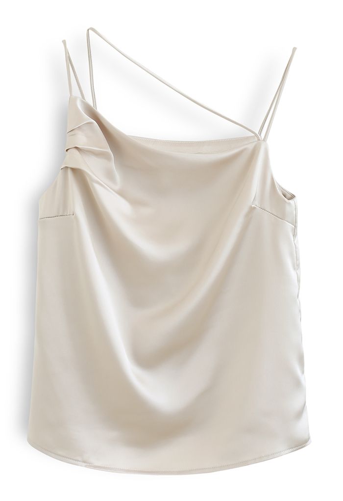 Triple Strings Cowl Neck Satin Tank Top in Champagne