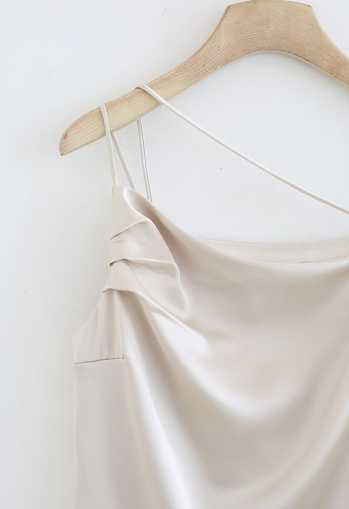 Triple Strings Cowl Neck Satin Tank Top in Champagne