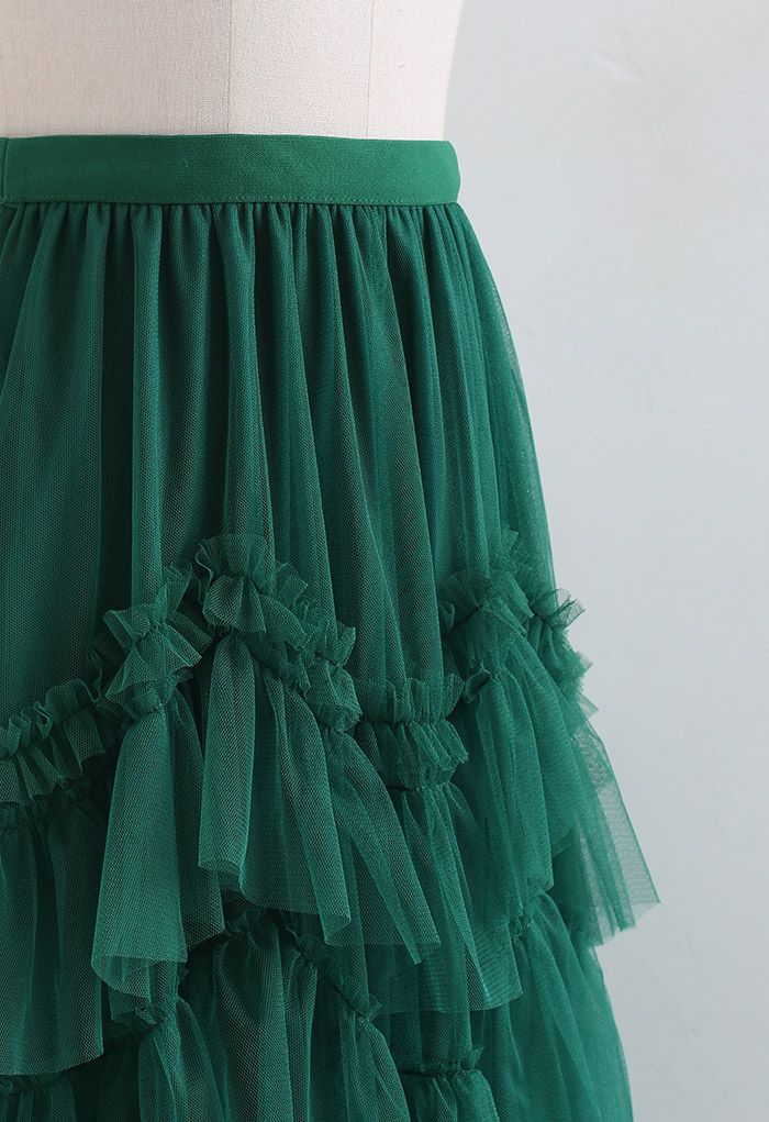 Exquisite Tiered Ruffle Mesh Tulle Skirt in Green