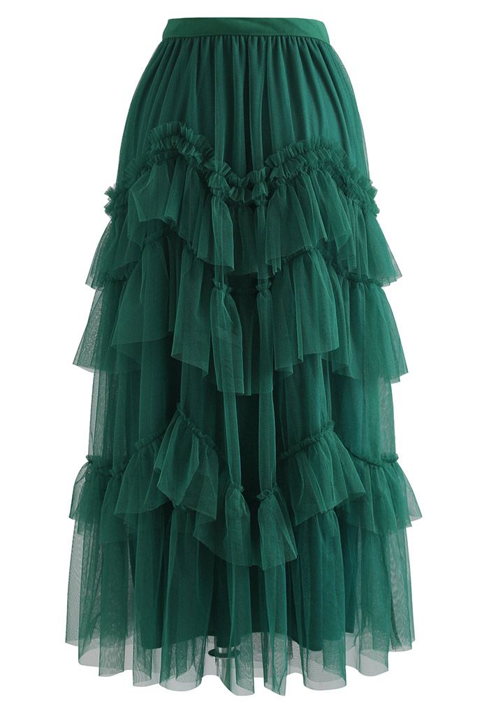 Exquisite Tiered Ruffle Mesh Tulle Skirt in Green