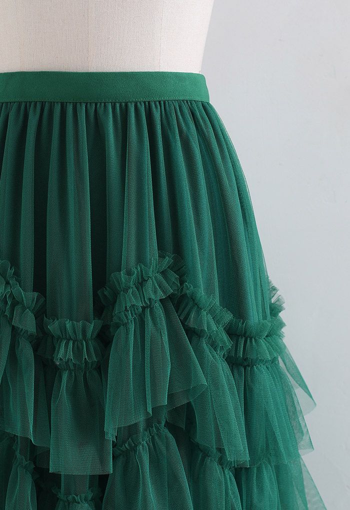 Exquisite Tiered Ruffle Mesh Tulle Skirt in Green