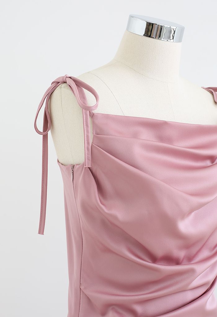 Ruched Cowl Neck Satin Cami Dress in Pink