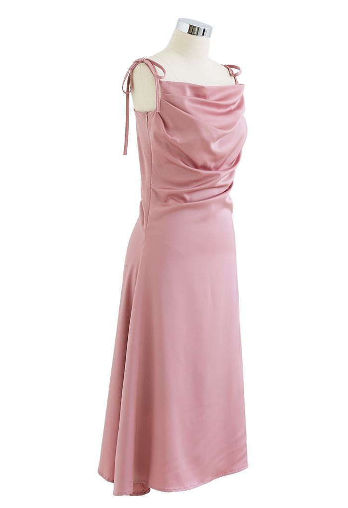 Ruched Cowl Neck Satin Cami Dress in Pink