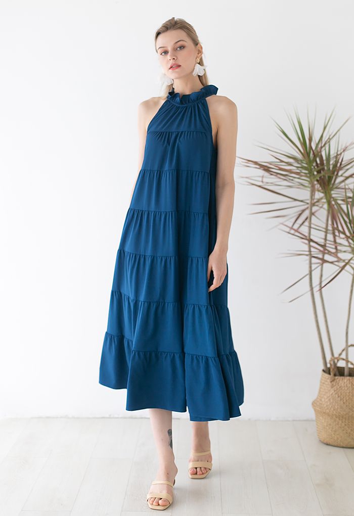 Self-Tie Bowknot Ruffle Halter Neck Midi Dress