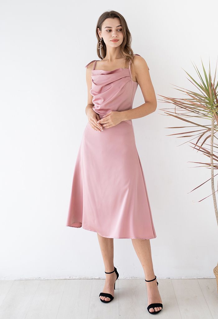 Ruched Cowl Neck Satin Cami Dress in Pink