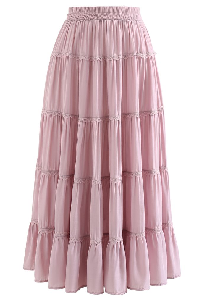 Scalloped Lace Pleated Frilling Midi Skirt in Pink