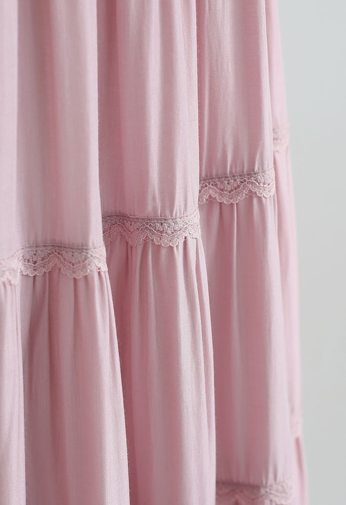 Scalloped Lace Pleated Frilling Midi Skirt in Pink