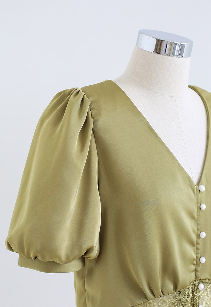 Lacy Waist V-Neck Satin Top in Olive