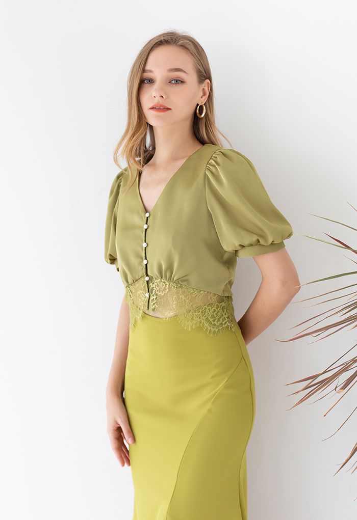 Lacy Waist V-Neck Satin Top in Olive