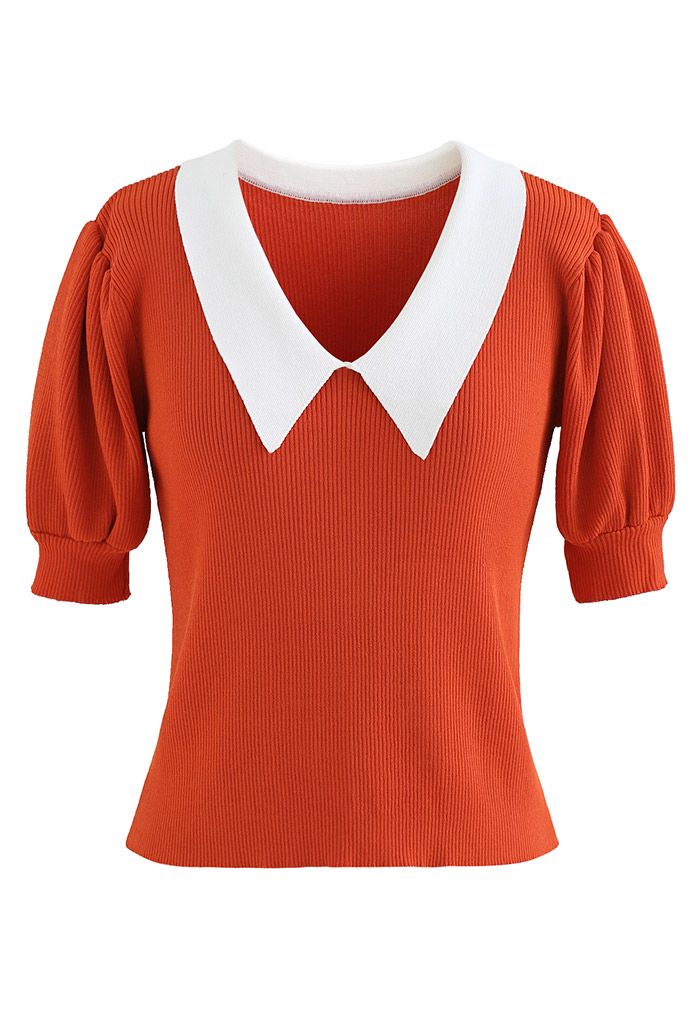 Contrast Pointed Collar Short Sleeve Knit Top in Orange