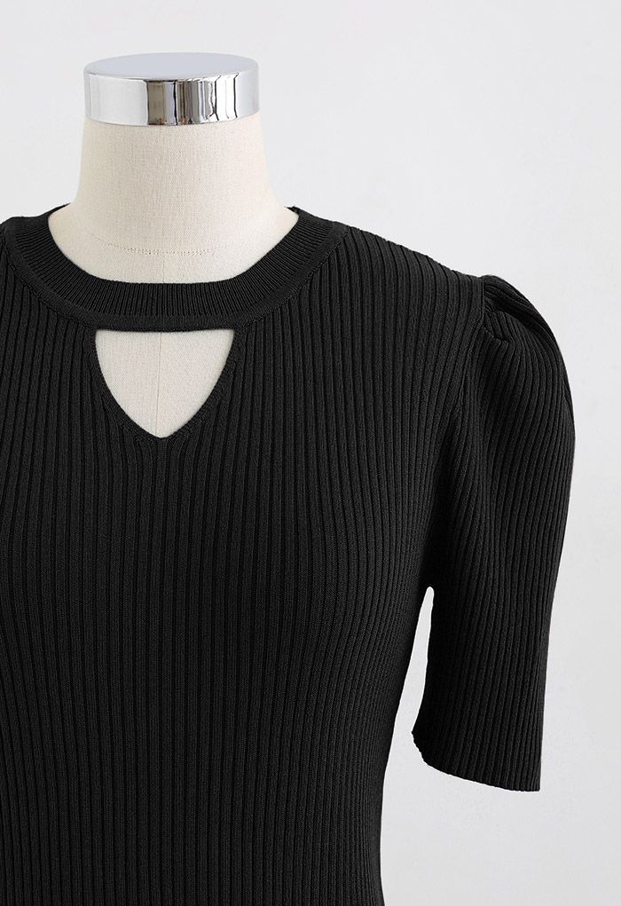 Triangle Cutout Short Sleeve Knit Top in Black