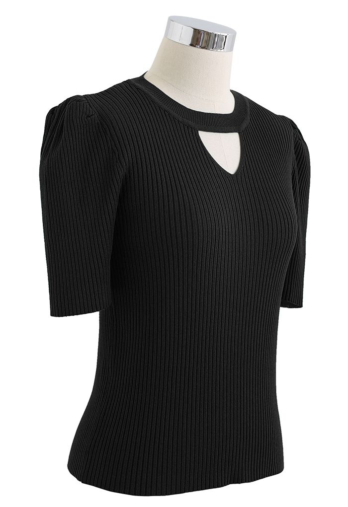 Triangle Cutout Short Sleeve Knit Top in Black