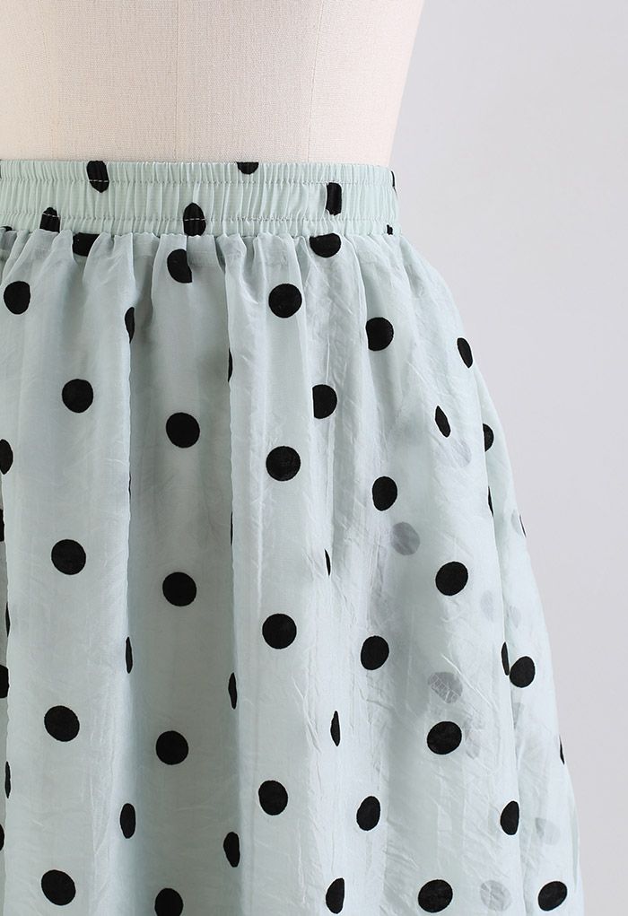 Black Polka Dot Sheer Midi Skirt in Mint