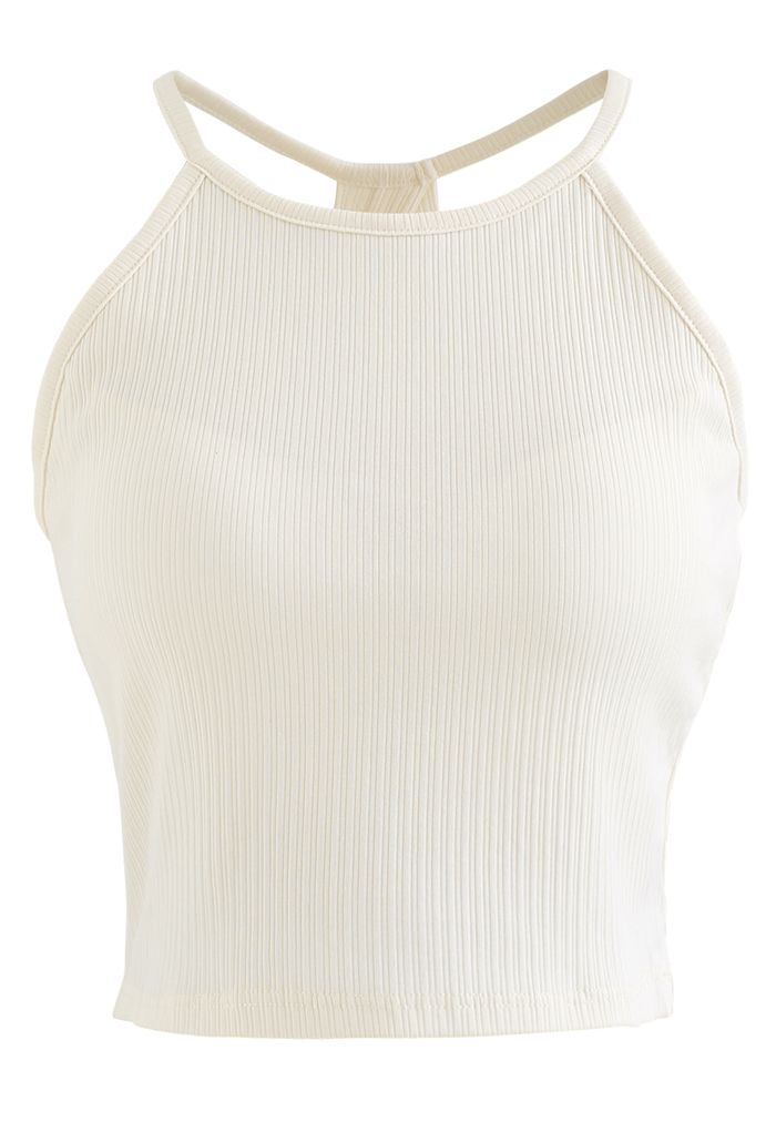 Halter Neck Racer Back Ribbed Top in Cream