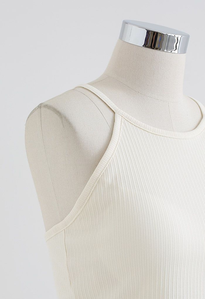 Halter Neck Racer Back Ribbed Top in Cream