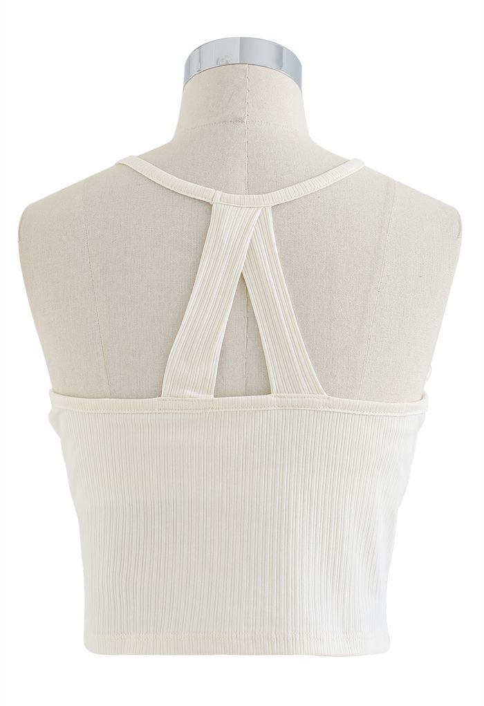 Halter Neck Racer Back Ribbed Top in Cream