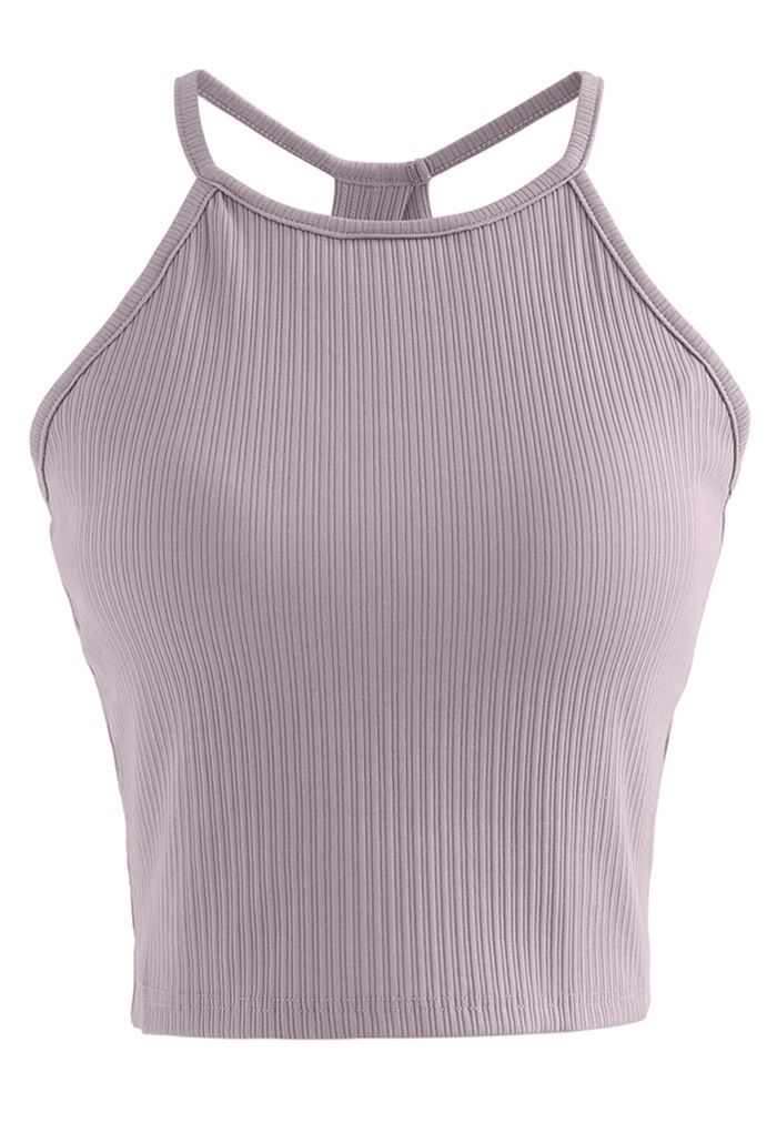 Halter Neck Racer Back Ribbed Top in Lilac