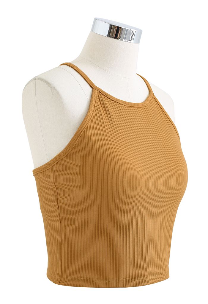 Halter Neck Racer Back Ribbed Top in Pumpkin