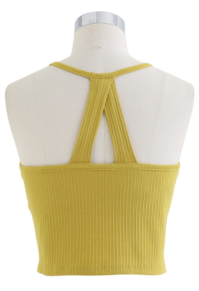 Halter Neck Racer Back Ribbed Top in Mustard