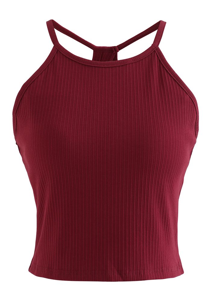 Halter Neck Racer Back Ribbed Top in Burgundy