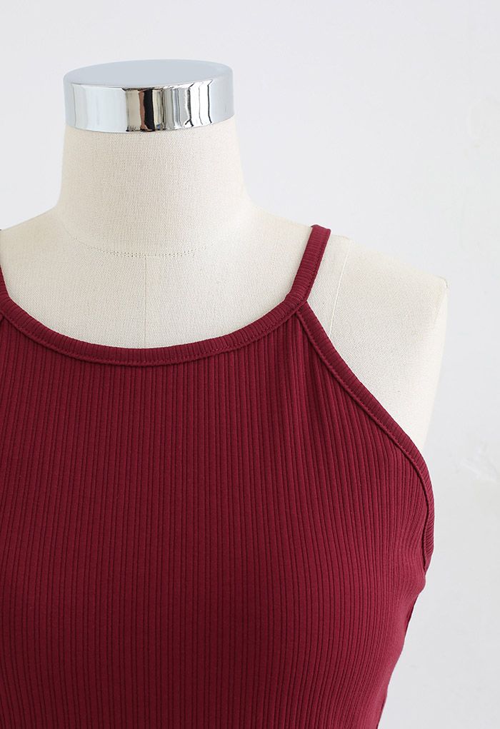 Halter Neck Racer Back Ribbed Top in Burgundy