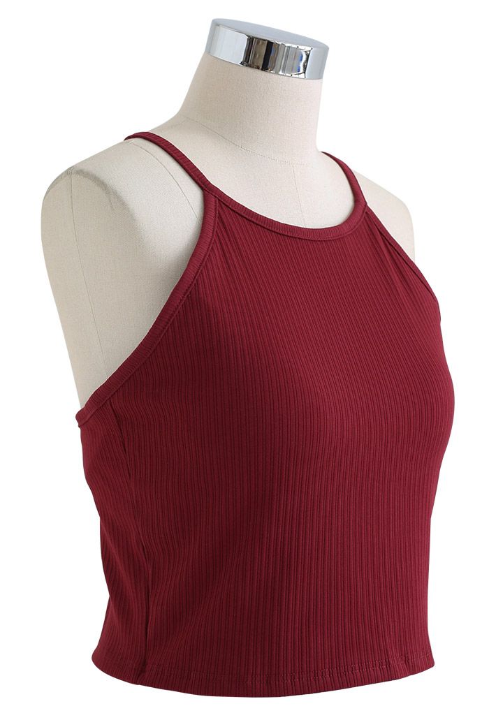 Halter Neck Racer Back Ribbed Top in Burgundy