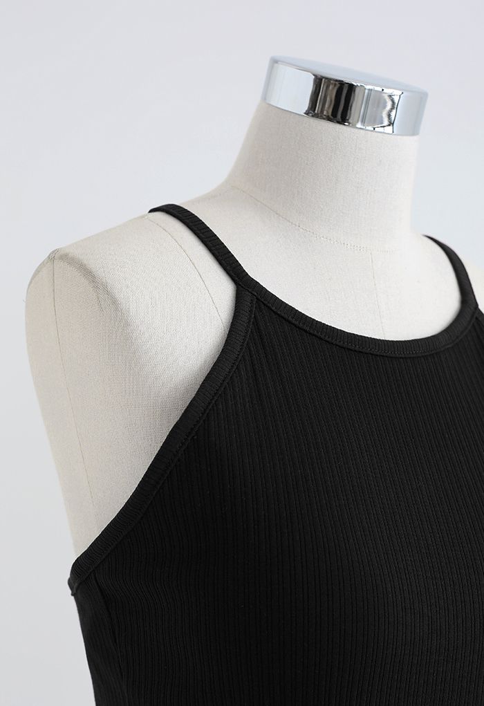 Halter Neck Racer Back Ribbed Top in Black