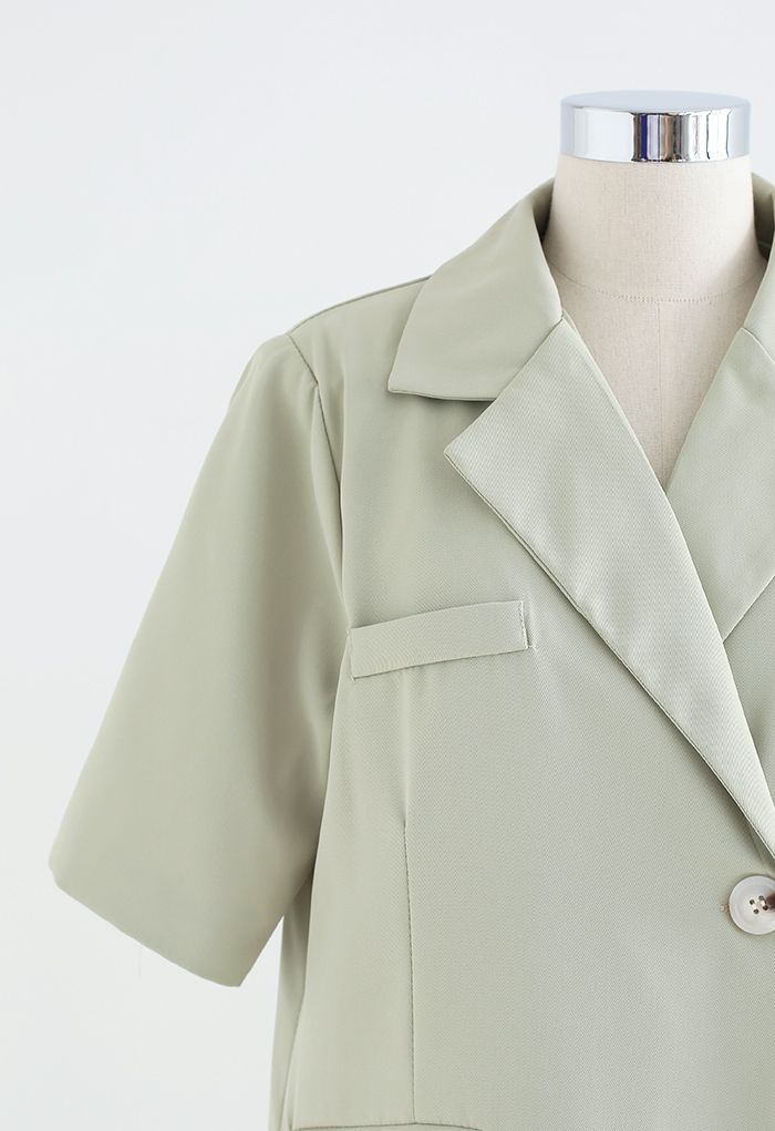 Pockets Padded Shoulder Textured Blazer and Shorts Set in Pea Green