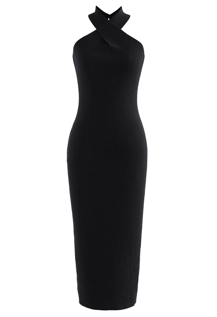 Crisscross Halter Neck Bodycon Knit Dress in Black