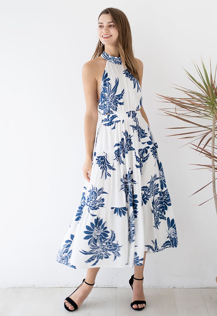 Indigo Floral Cutout Back Halter Neck Dress