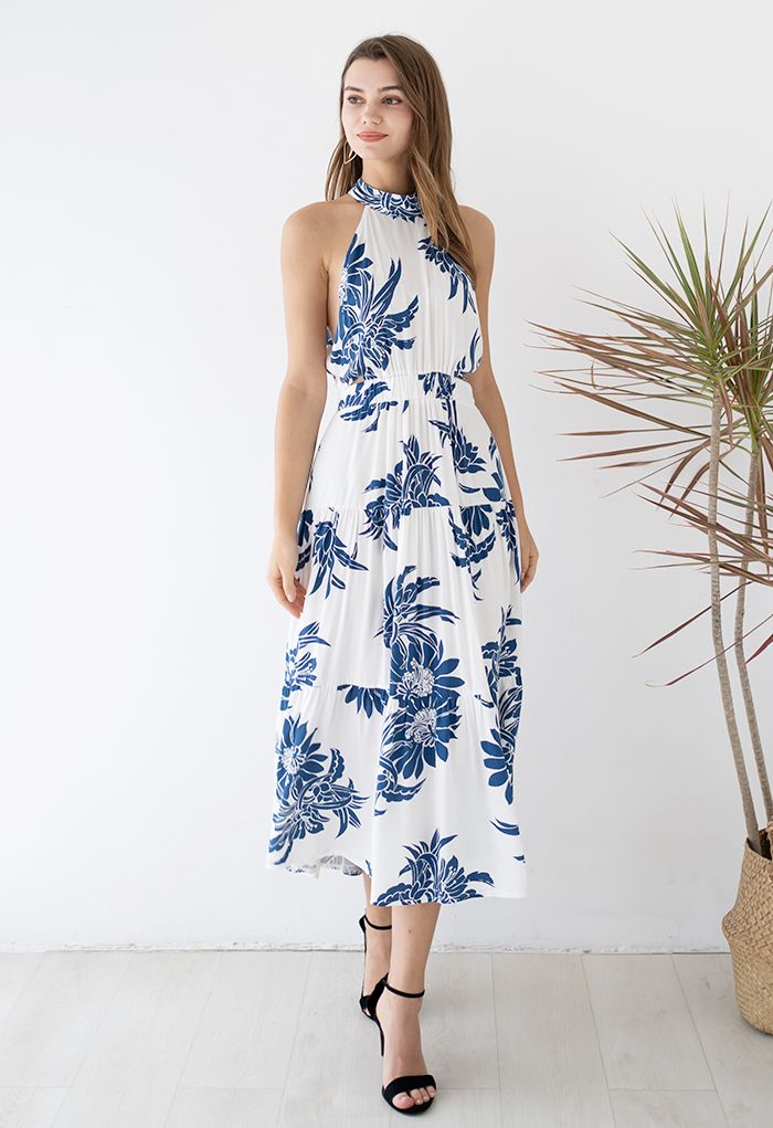 Indigo Floral Cutout Back Halter Neck Dress