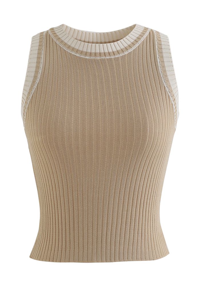 Two-Tone Ribbed Knit Tank Top in Camel