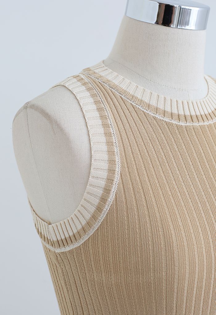 Two-Tone Ribbed Knit Tank Top in Camel