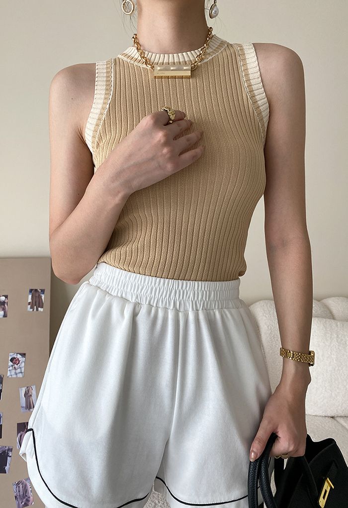 Two-Tone Ribbed Knit Tank Top in Camel