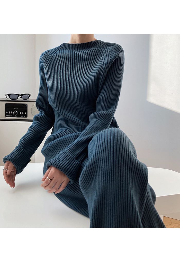 Rib Knit Split Hem Sweater and Pants Set in Teal