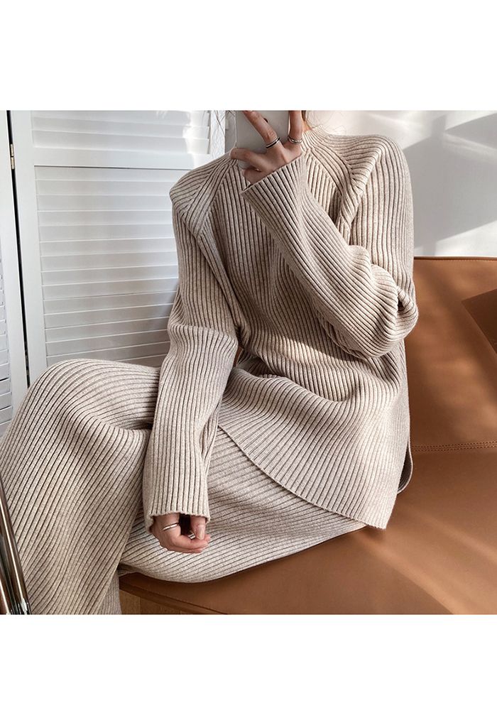 Rib Knit Split Hem Sweater and Pants Set in Sand