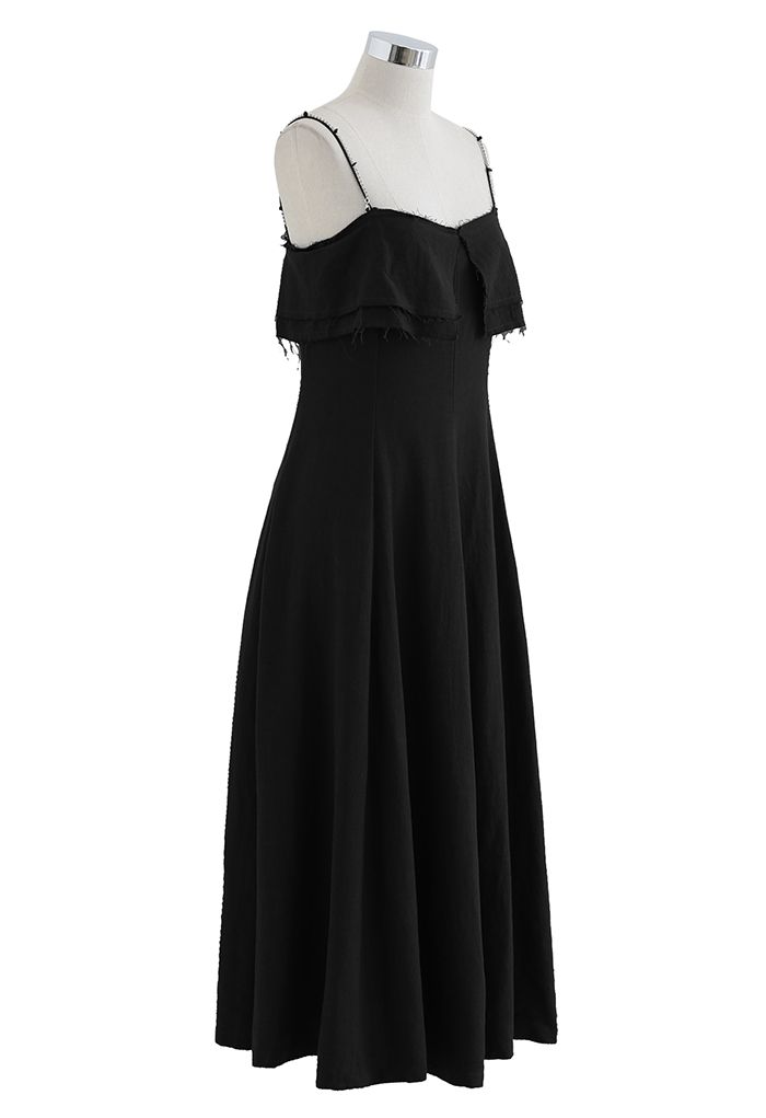 Double Straps Flap Linen Cami Dress in Black