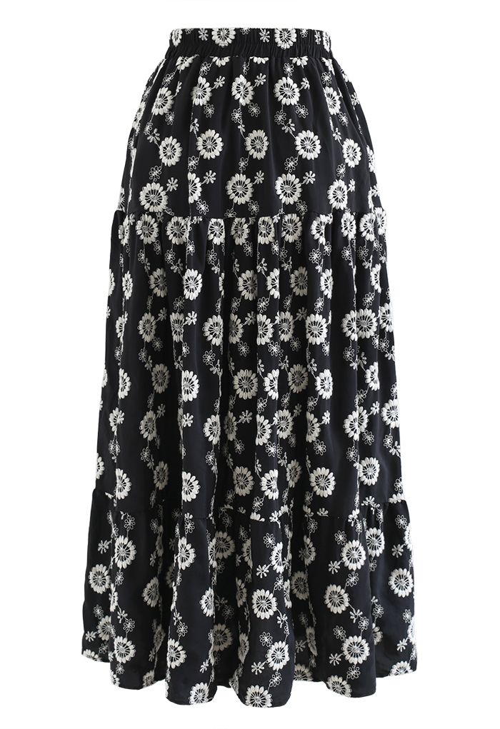 Embroidered Floral Frill Hem Midi Skirt in Black