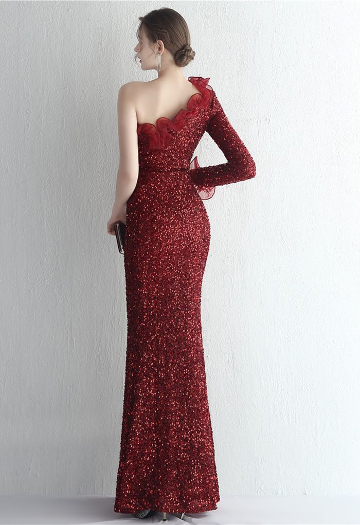 One-Shoulder Organza Trim Sequined Gown in Burgundy