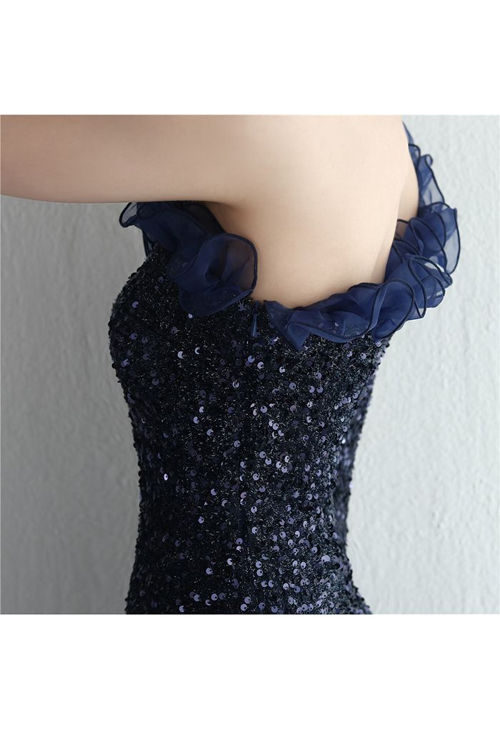 One-Shoulder Organza Trim Sequined Gown in Navy