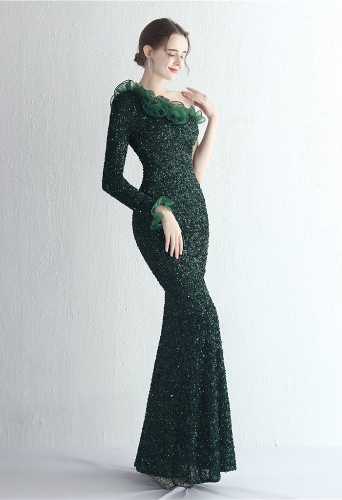 One-Shoulder Organza Trim Sequined Gown in Emerald