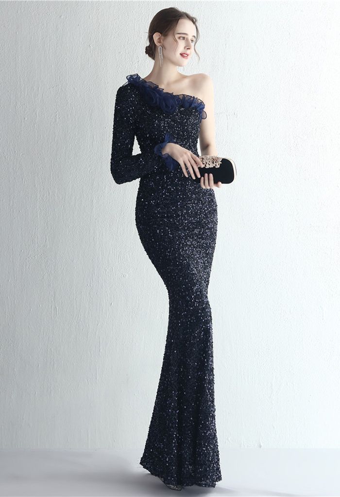 One-Shoulder Organza Trim Sequined Gown in Navy