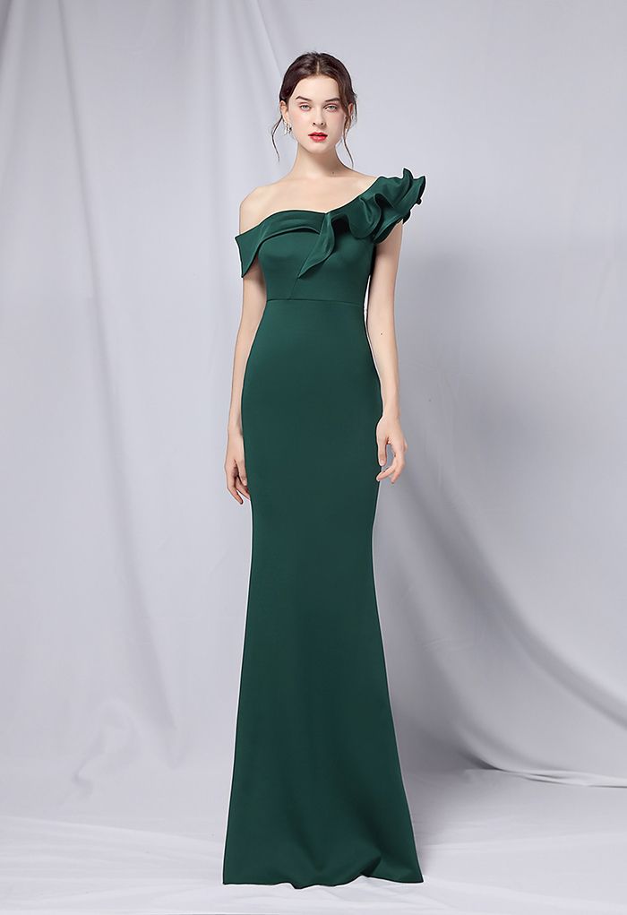 Ruffle One-Shoulder Mermaid Satin Gown in Emerald